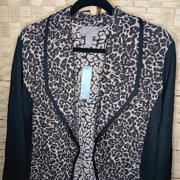 Chico's Chic Cheetah Camel Ponte Jacket Open Front Cardigan Blazer Sweater NWT - Picture 2 of 9